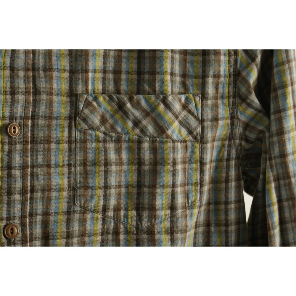 Gramicci Men's Medium Roll Tab Sleeve Yellow Blue Brown Cotton Utility‎ Shirt